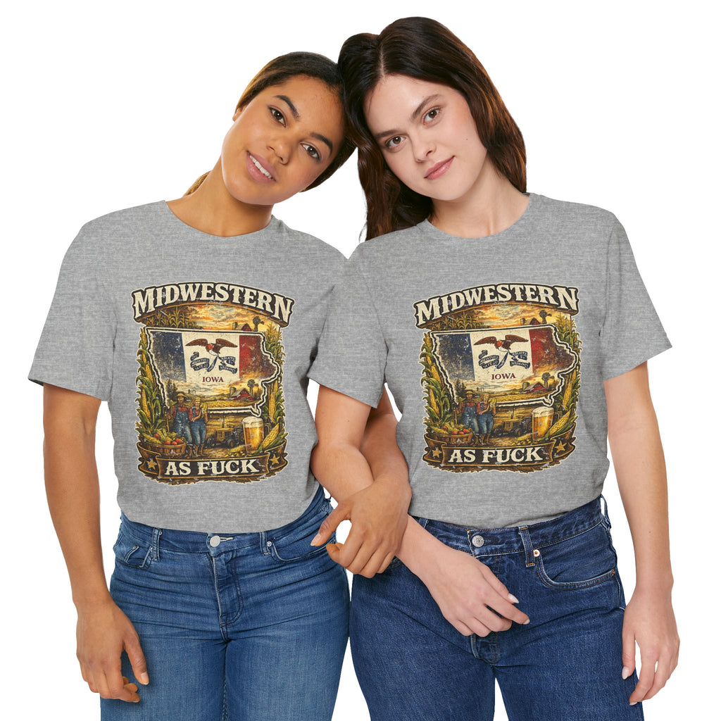 Midwestern As Fuck Iowa T-Shirt – product photo 1 featuring a distressed vintage design featuring the outline of Iowa overlaid with the Iowa state flag, surrounded by towering corn stalks, rolling farmland, a classic red barn, a windmill, a tractor, and an overflowing harvest basket