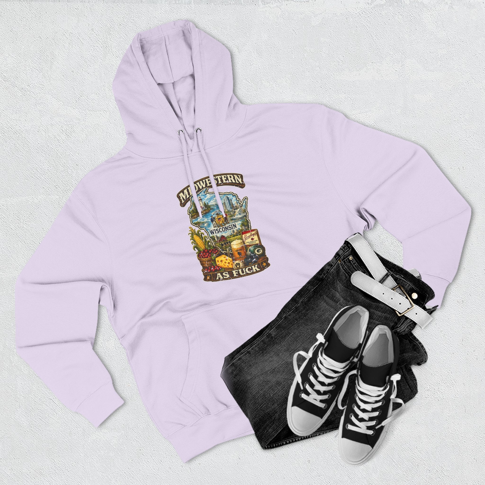 Midwestern As Fuck Wisconsin Hoodie | Funny Wisconsin Pride Hoodie | Lane Seven LS14001 3-Panel Fleece | Vintage Cheesehead State Hoodie
