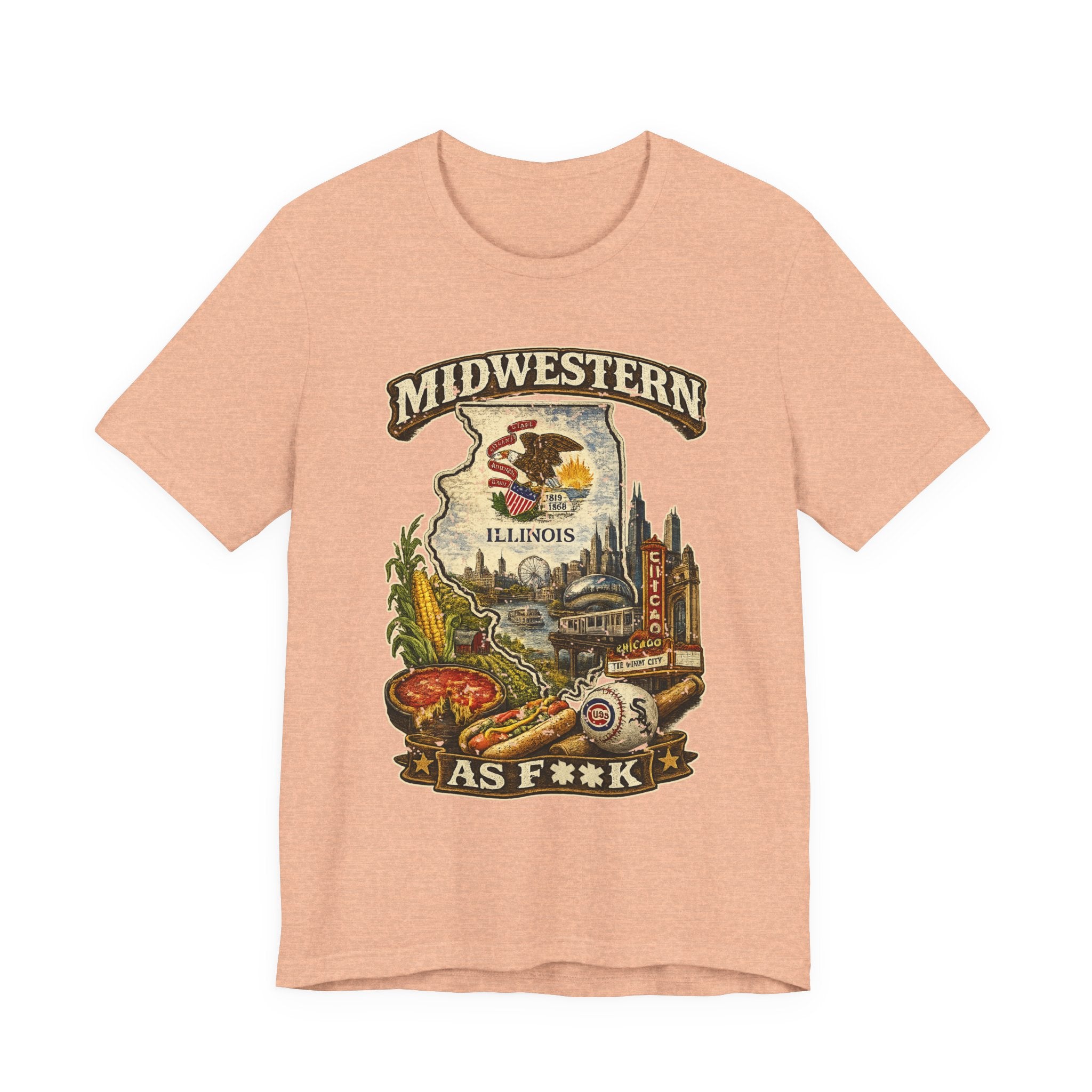 Slightly Salty Midwestern As F**K Illinois T-Shirt in Heather Peach – a distressed vintage design featuring the Illinois state outline overlaid with the state flag, surrounded by the Chicago skyline, the Chicago Theatre sign, The Bean, deep-dish pizza, a Chicago-style hot dog, and towering corn fields