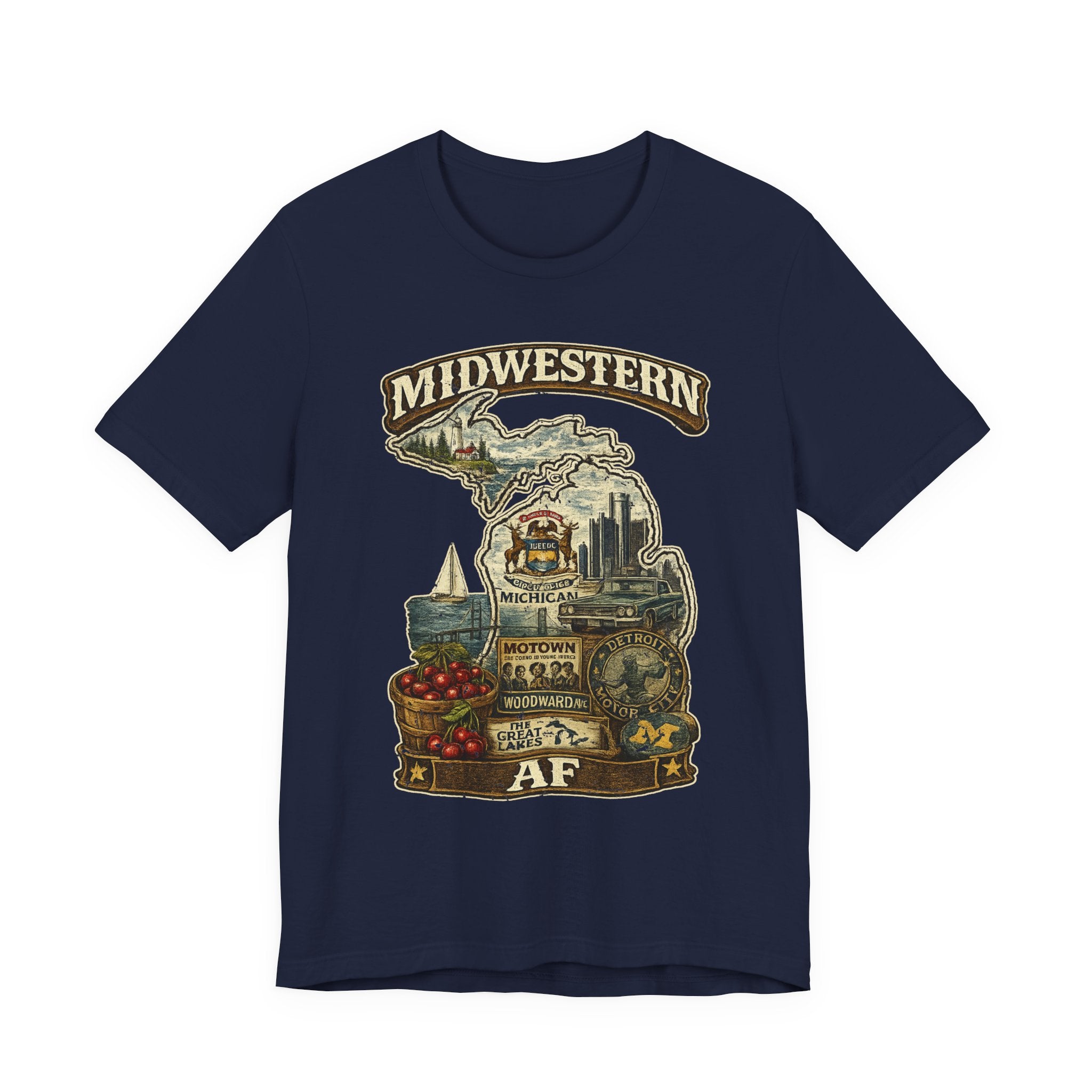 Family Friendly Midwestern AF Michigan T-Shirt in Navy – a distressed vintage design featuring Michigan's Upper and Lower Peninsulas overlaid with the state outline, surrounded by Detroit's skyline, Woodward Avenue, the Great Lakes, and Traverse City cherries