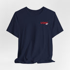 Marine Corps veteran T-shirt in Navy shown draped with the personalized USMC AF chest print