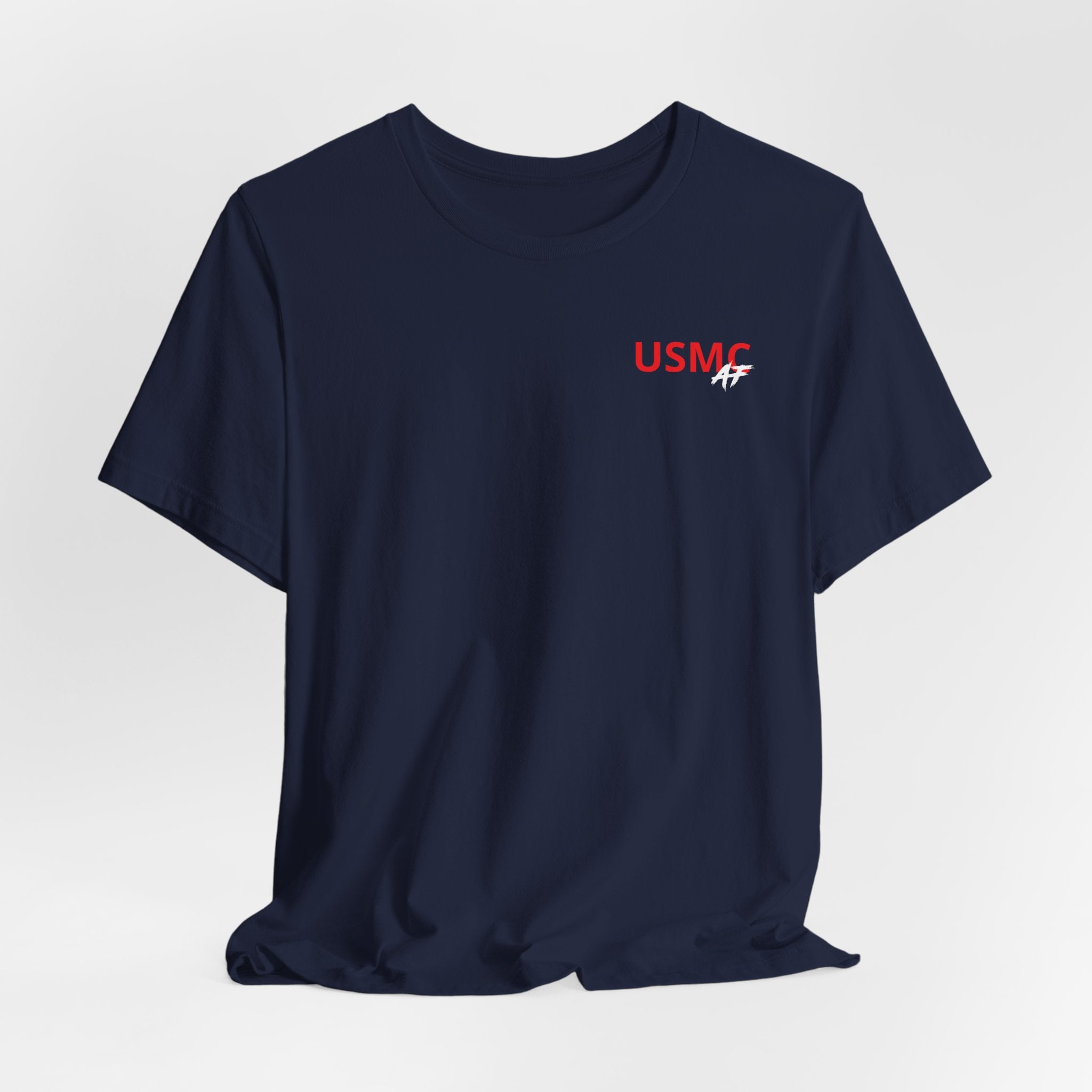 Marine Corps veteran T-shirt in Navy shown draped with the personalized USMC AF chest print