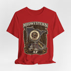 Family Friendly Midwestern AF Minnesota T-Shirt – product photo 20 featuring the distressed state flag, pine trees, loon and walleye design