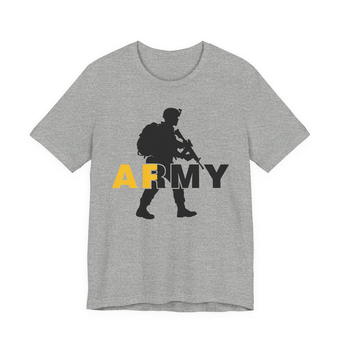 Light heather grey Army AF tee laid flat, charcoal soldier silhouette on the front