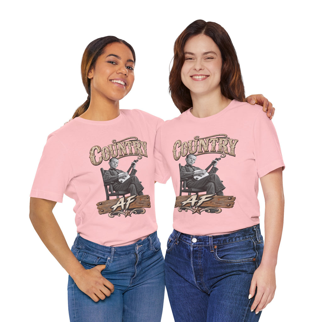 Two women side by side in Pink Country AF tees, front prints showing