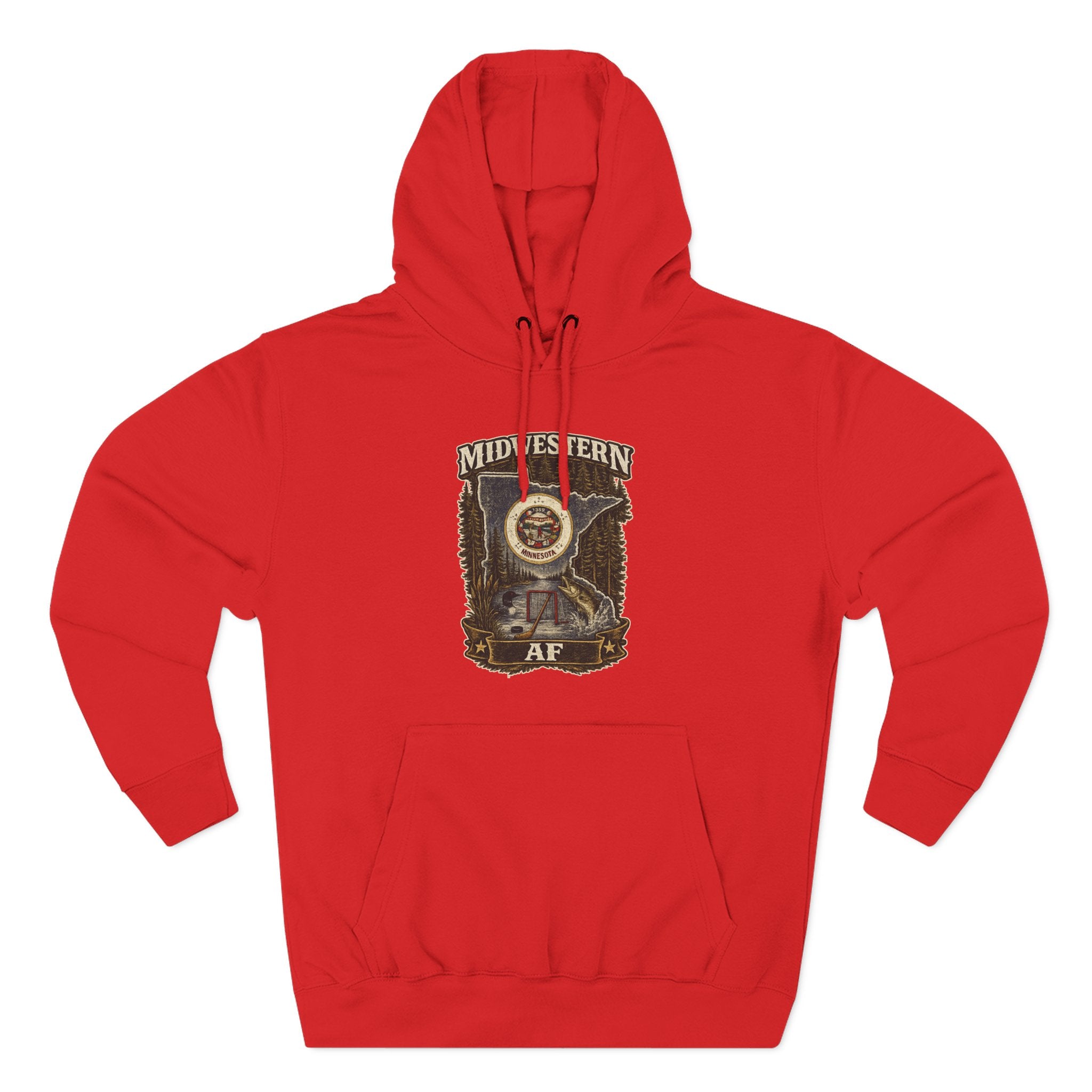 Family Friendly Midwestern AF Minnesota Hoodie in Red – distressed Minnesota state flag design with pine trees, loon and walleye