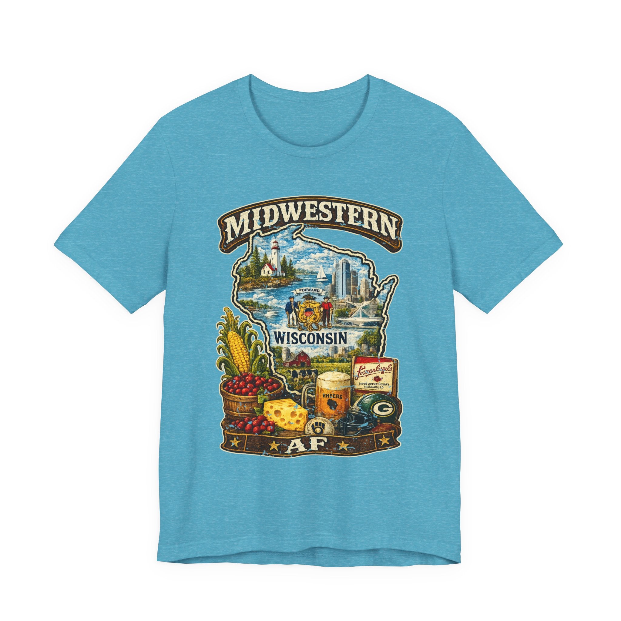 Heather Aqua Midwestern AF Wisconsin T-Shirt, family friendly Cheesehead State pride tee