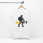 White Army AF T-shirt on a wooden hanger hung from a rail, soldier silhouette centred
