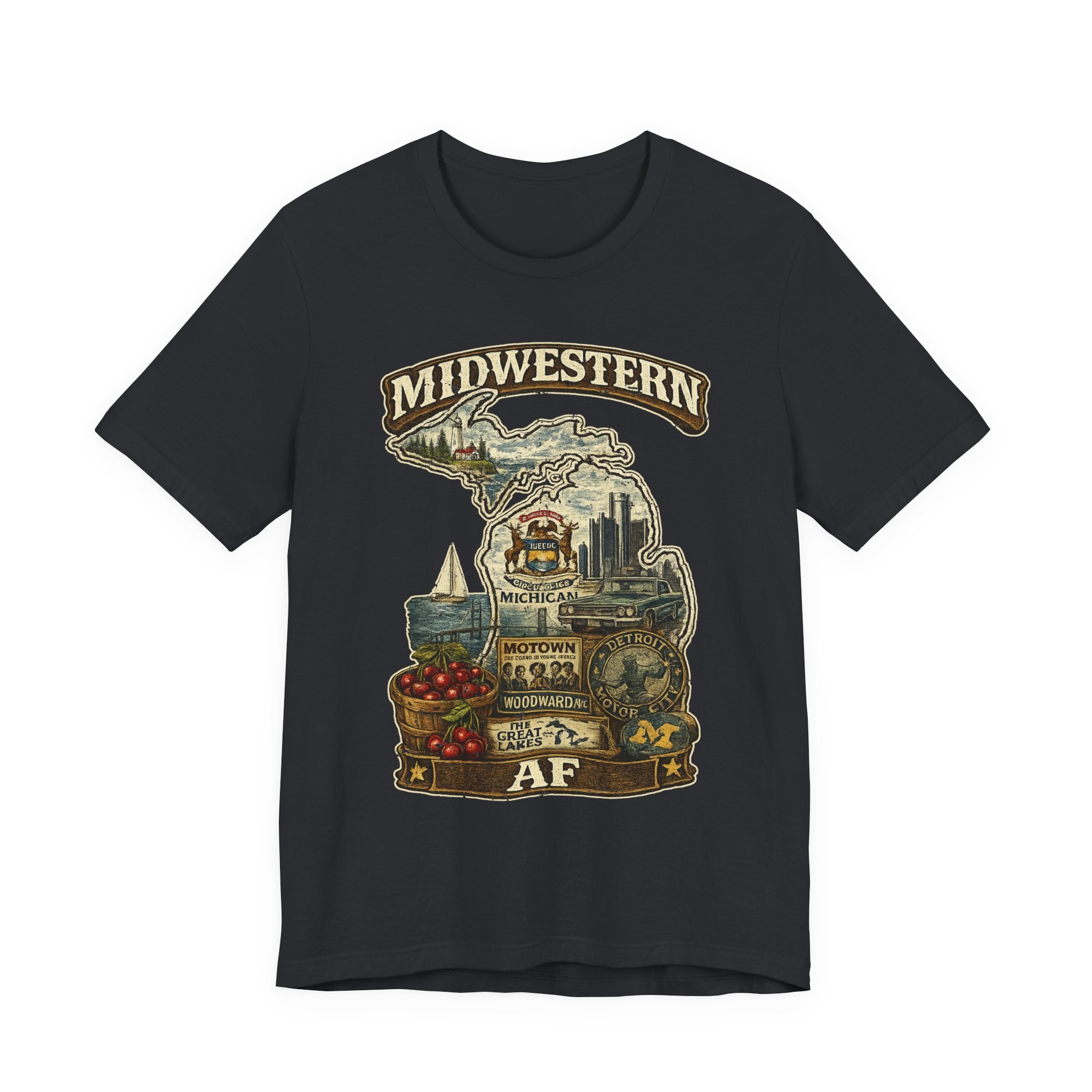 Family Friendly Midwestern AF Michigan T-Shirt in Vintage Black – a distressed vintage design featuring Michigan's Upper and Lower Peninsulas overlaid with the state outline, surrounded by Detroit's skyline, Woodward Avenue, the Great Lakes, and Traverse City cherries