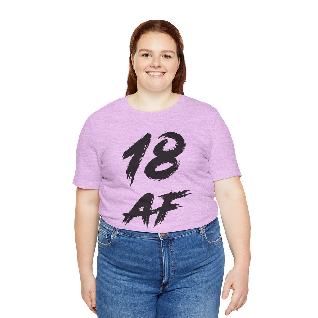 Smiling woman in the Heather Prism Lilac tee with the black 18 AF print