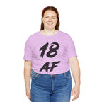 Smiling woman in the Heather Prism Lilac tee with the black 18 AF print
