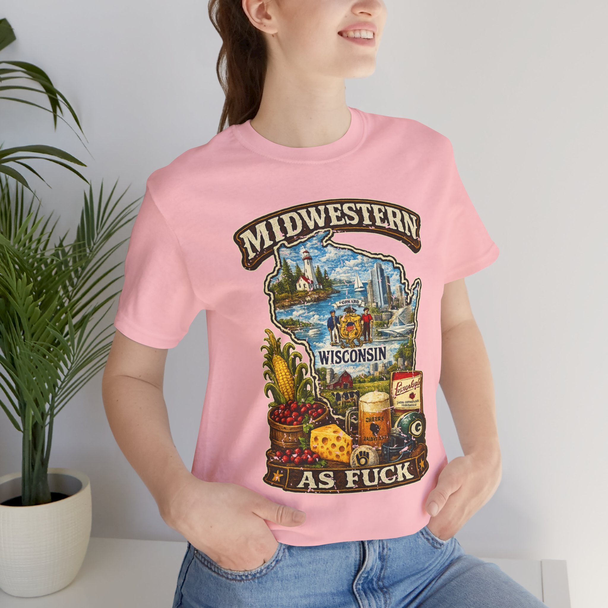 Midwestern As Fuck Wisconsin T-Shirt | Funny Wisconsin Pride Tee | Bella + Canvas 3001 | Vintage Cheesehead State Shirt