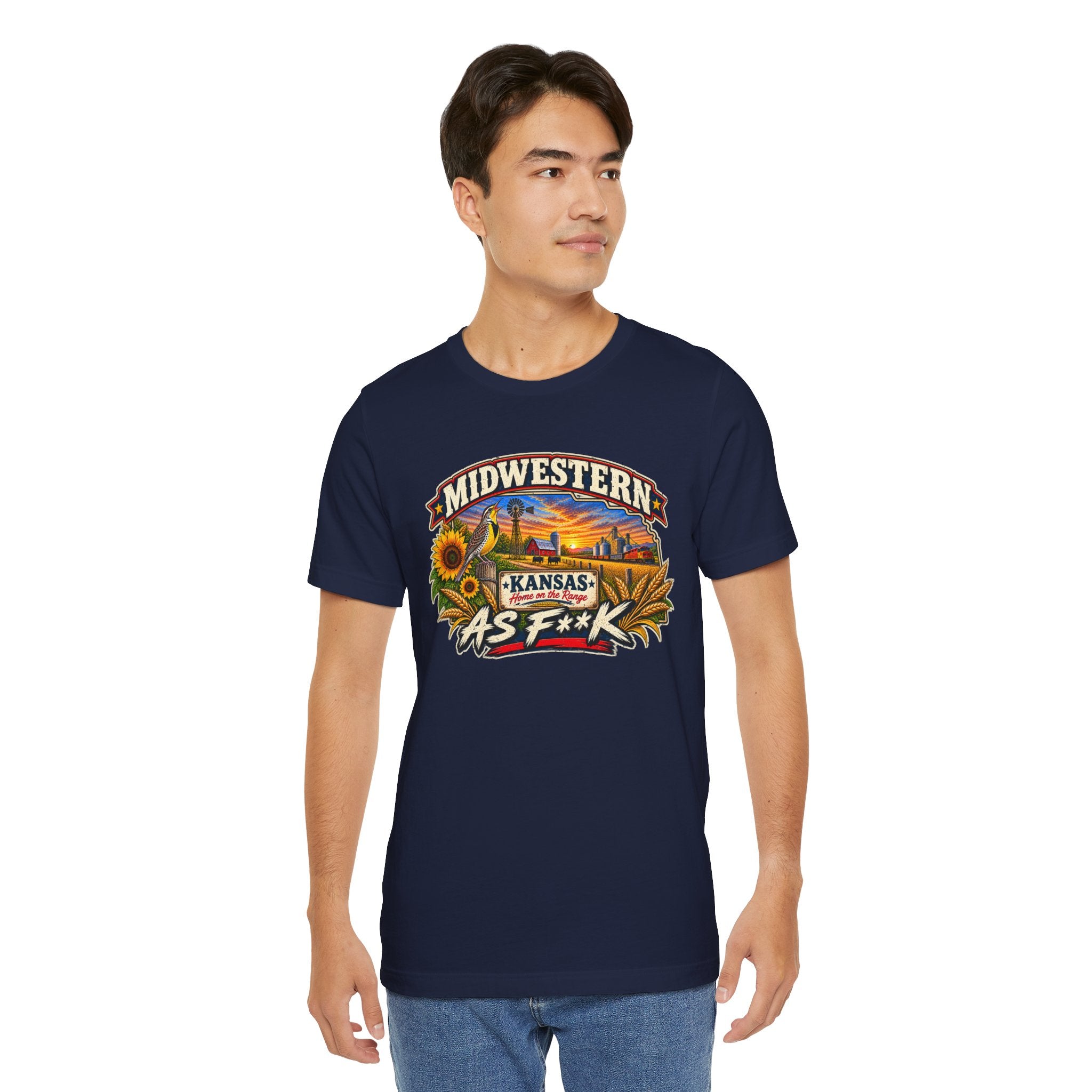 Man wearing the navy Kansas As F**K tee with the Sunflower State print