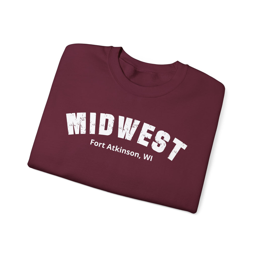 Maroon personalized Midwest sweatshirt folded, Fort Atkinson, WI under the lettering