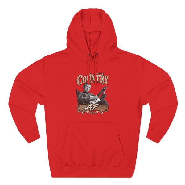 Red Country AF hoodie laid flat, banjo player and wooden AF sign front print