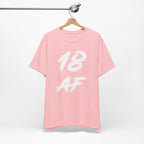 Pink birthday t-shirt on a hanger with the white 18 AF brush print
