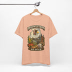 Midwestern As Fuck Illinois T-Shirt – product photo 10 featuring a distressed vintage design featuring the Illinois state outline overlaid with the state flag, surrounded by the Chicago skyline, the Chicago Theatre sign, The Bean, deep-dish pizza, a Chicago-style hot dog, and towering corn fields