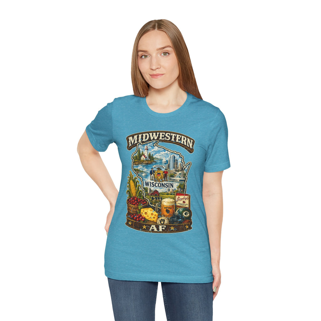 Midwestern AF Wisconsin T-Shirt | Funny Wisconsin Pride Tee | Bella + Canvas 3001 | Family Friendly Cheesehead State Shirt