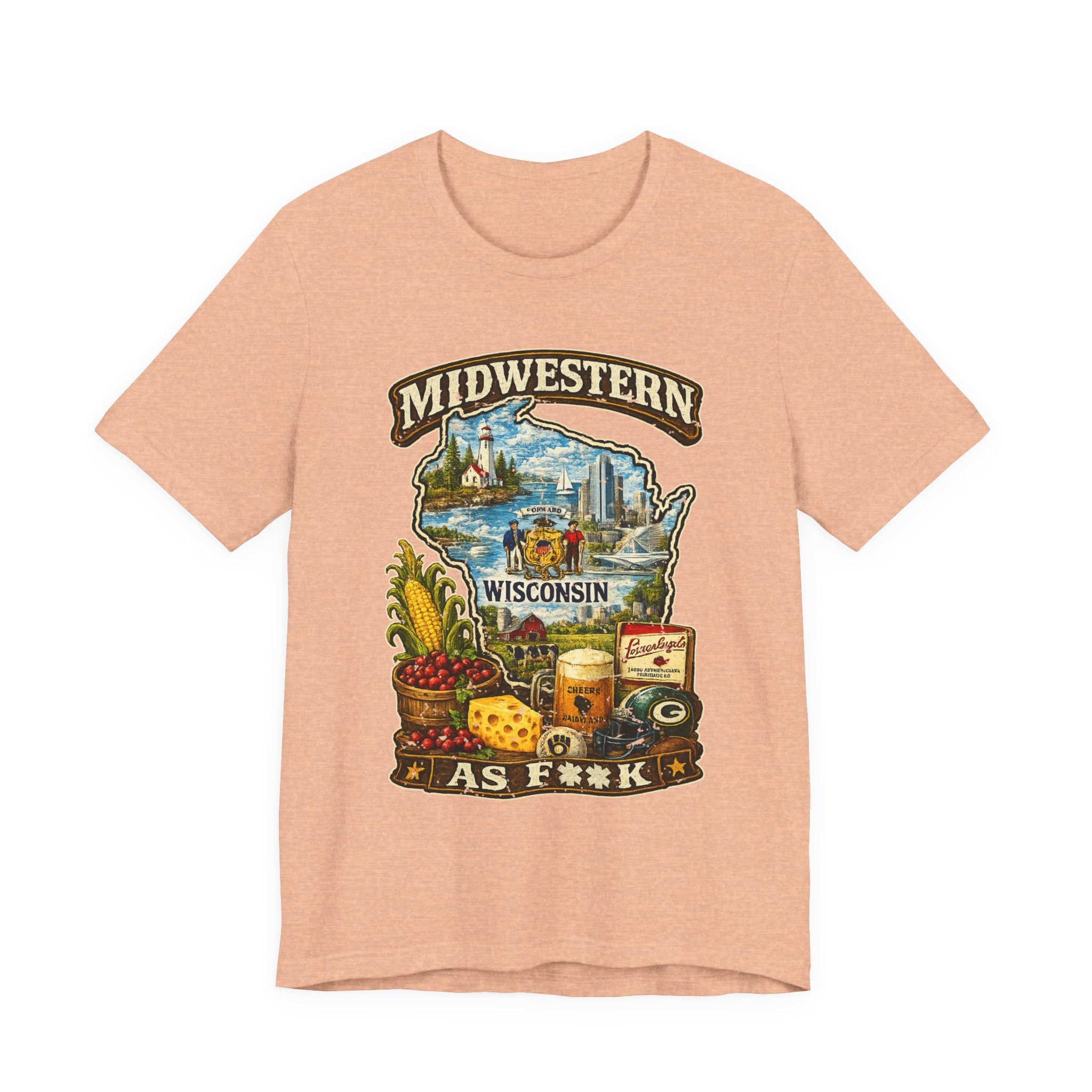 Heather Peach Midwestern As F**K Wisconsin T-Shirt, slightly salty Cheesehead State pride tee