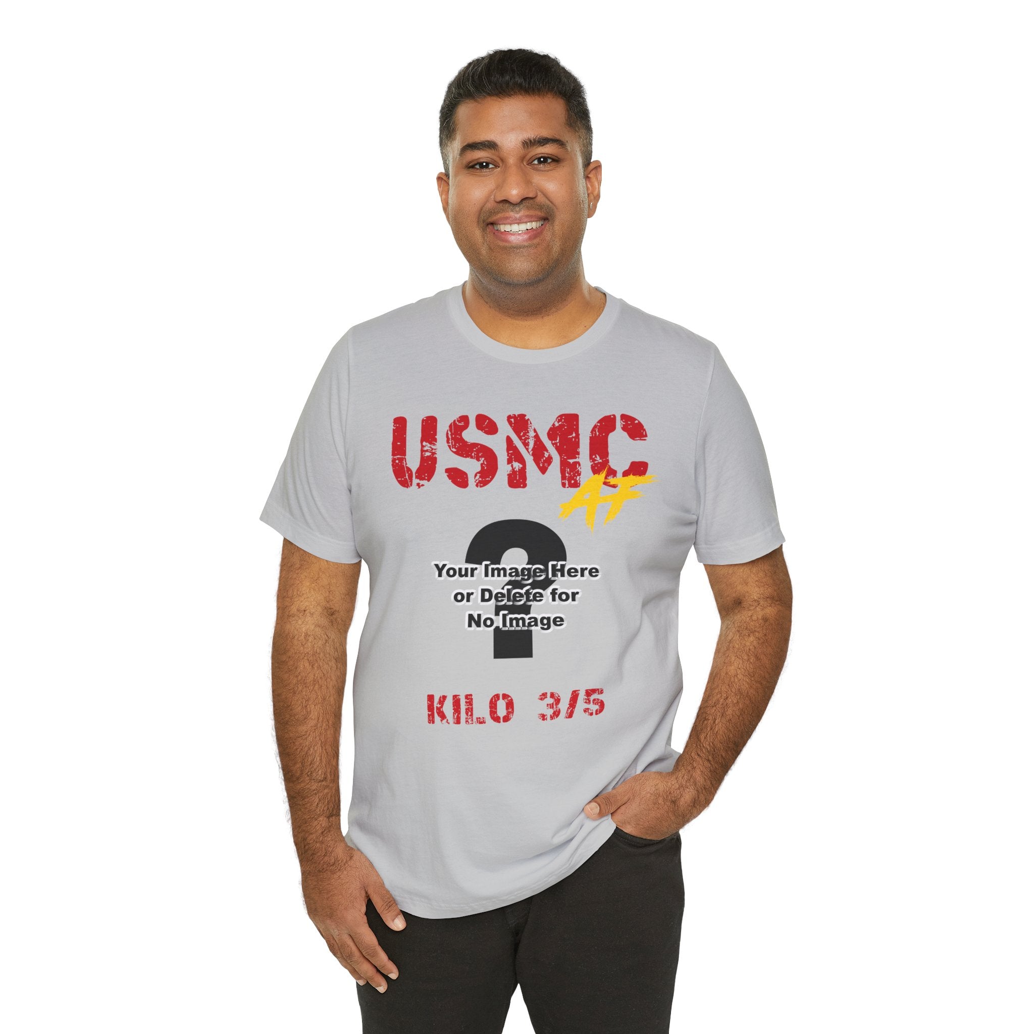 Man wearing the personalized USMC Marine Corps AF T-shirt in Solid Athletic Grey