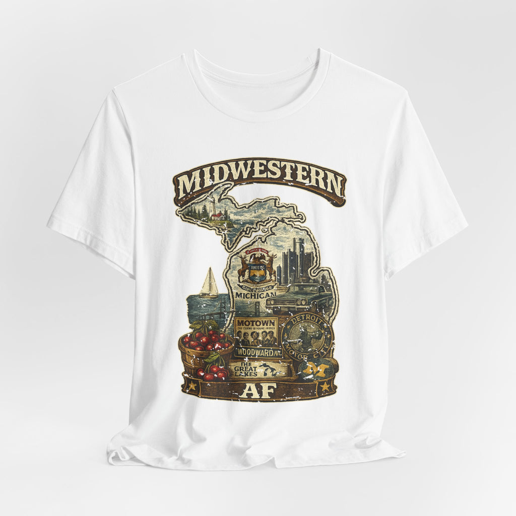 Family Friendly Midwestern AF Michigan T-Shirt – vintage Michigan map graphic tee for Midwest road trip fans, flat lay shot (photo 22)