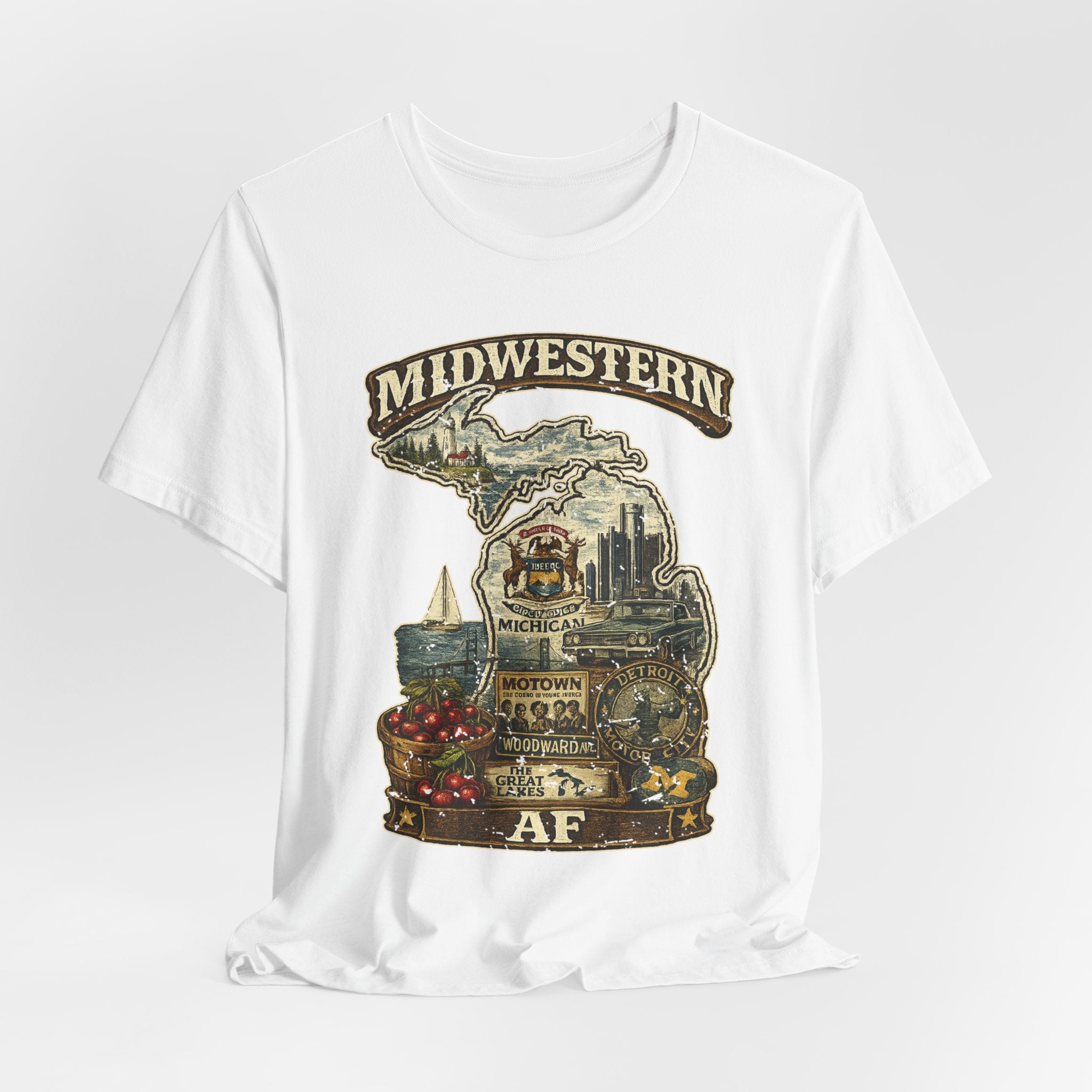 Family Friendly Midwestern AF Michigan T-Shirt – vintage Michigan map graphic tee for Midwest road trip fans, flat lay shot (photo 22)