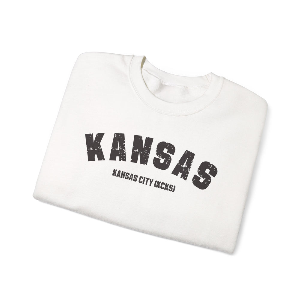 White personalized Kansas crewneck folded, showing the distressed KANSAS arch and KANSAS CITY (KCKS) line