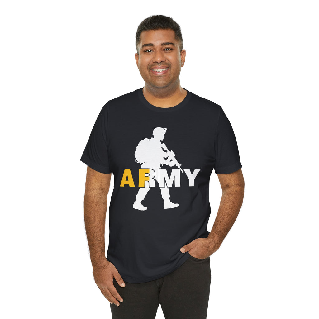 Smiling man in a dark navy Army AF tee, gold AF and white RMY under a white soldier