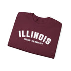 Maroon personalized Illinois sweatshirt folded, white varsity ILLINOIS above a custom Chicago line