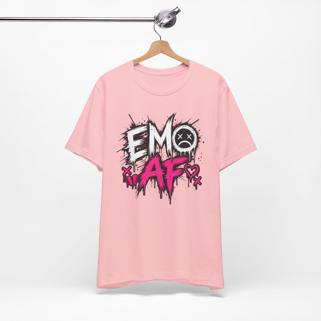 Pink EMO AF T-Shirt on a wooden hanger, front punk graphic visible