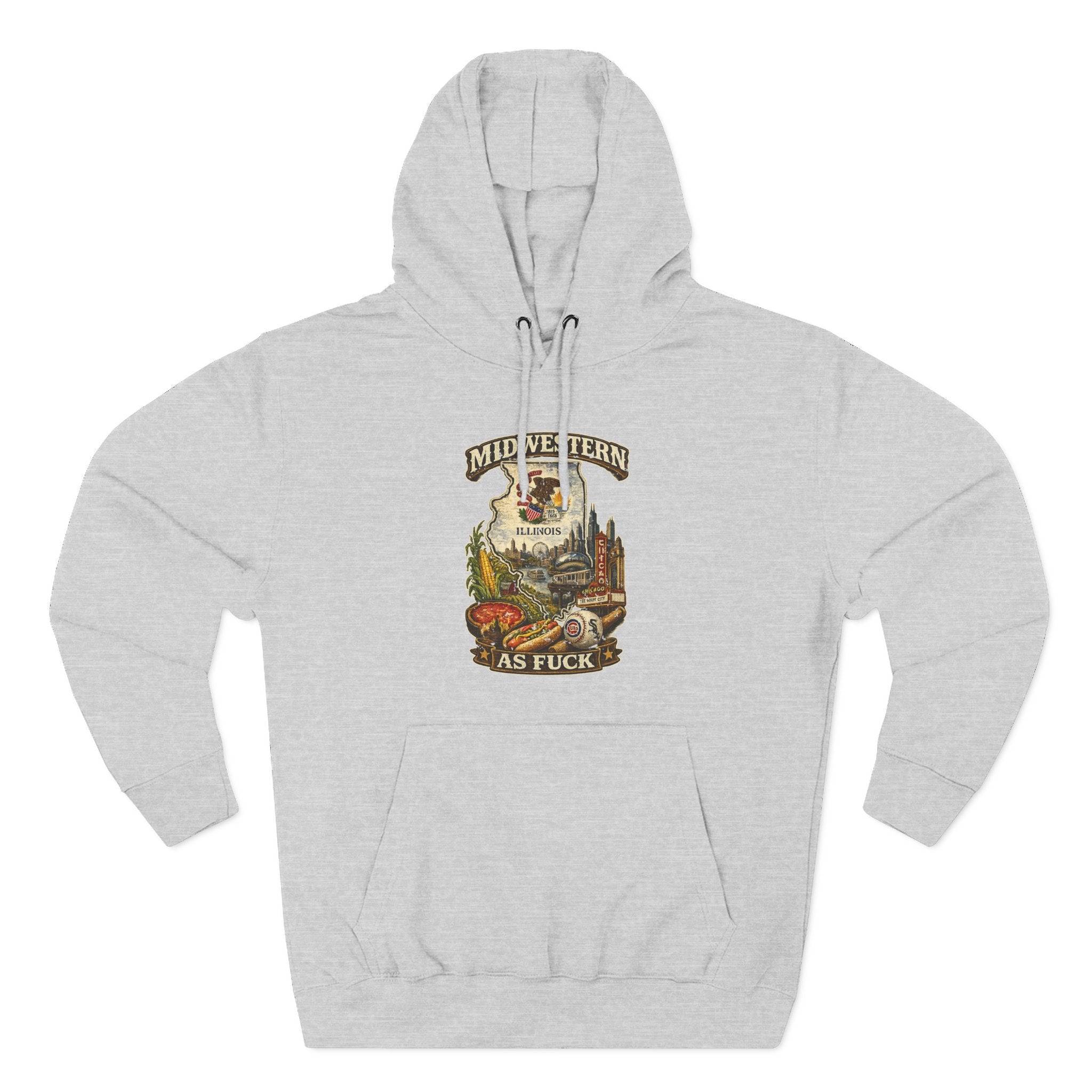 Midwestern As Fuck Illinois Hoodie in Heather Grey – a distressed vintage design featuring the Illinois state outline overlaid with the state flag, surrounded by the Chicago skyline, the Chicago Theatre sign, The Bean, deep-dish pizza, a Chicago-style hot dog, and towering corn fields