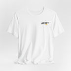 Army veteran T-shirt in White shown draped with the personalized ARMY chest print