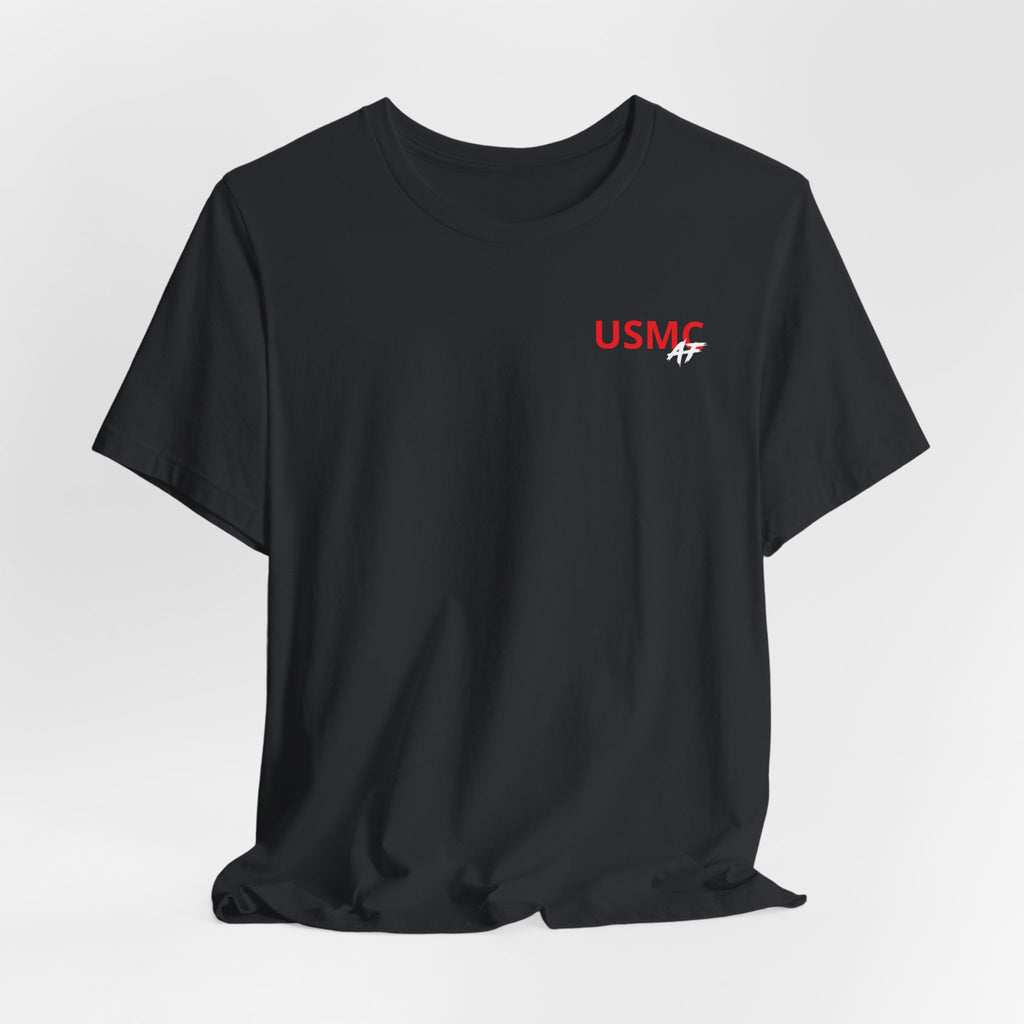Marine Corps veteran T-shirt in Vintage Black shown draped with the USMC AF chest print