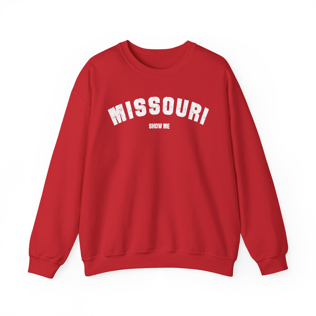 Red custom Missouri crewneck laid flat, white varsity MISSOURI above the state motto SHOW ME