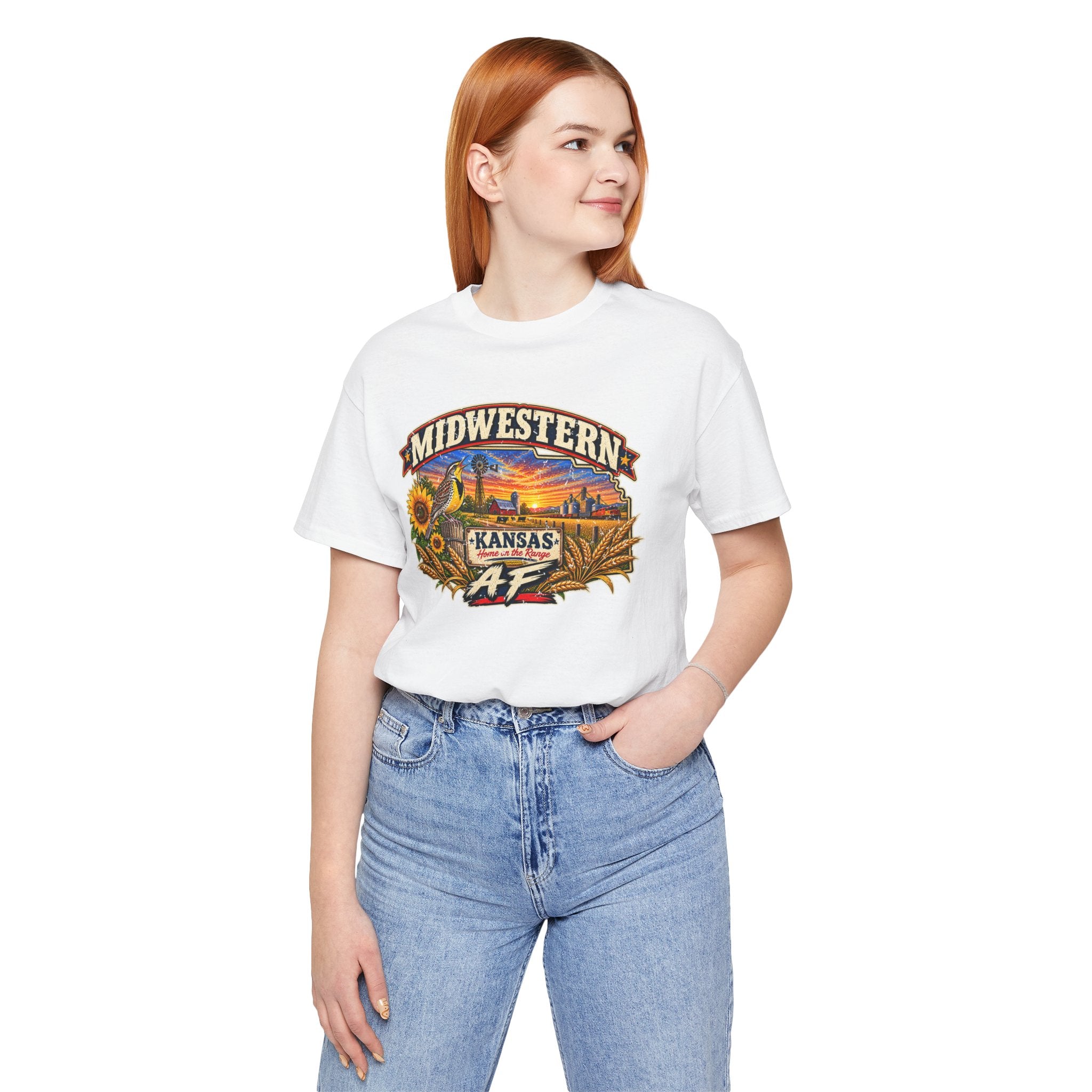Red-haired woman in the white Kansas AF tee with jeans