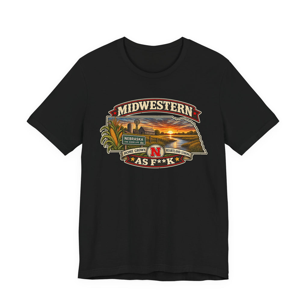 Black Nebraska As F**K T-shirt laid flat with the full-colour Midwestern sunset graphic