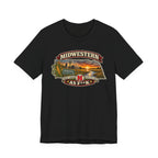 Black Nebraska As F**K T-shirt laid flat with the full-colour Midwestern sunset graphic