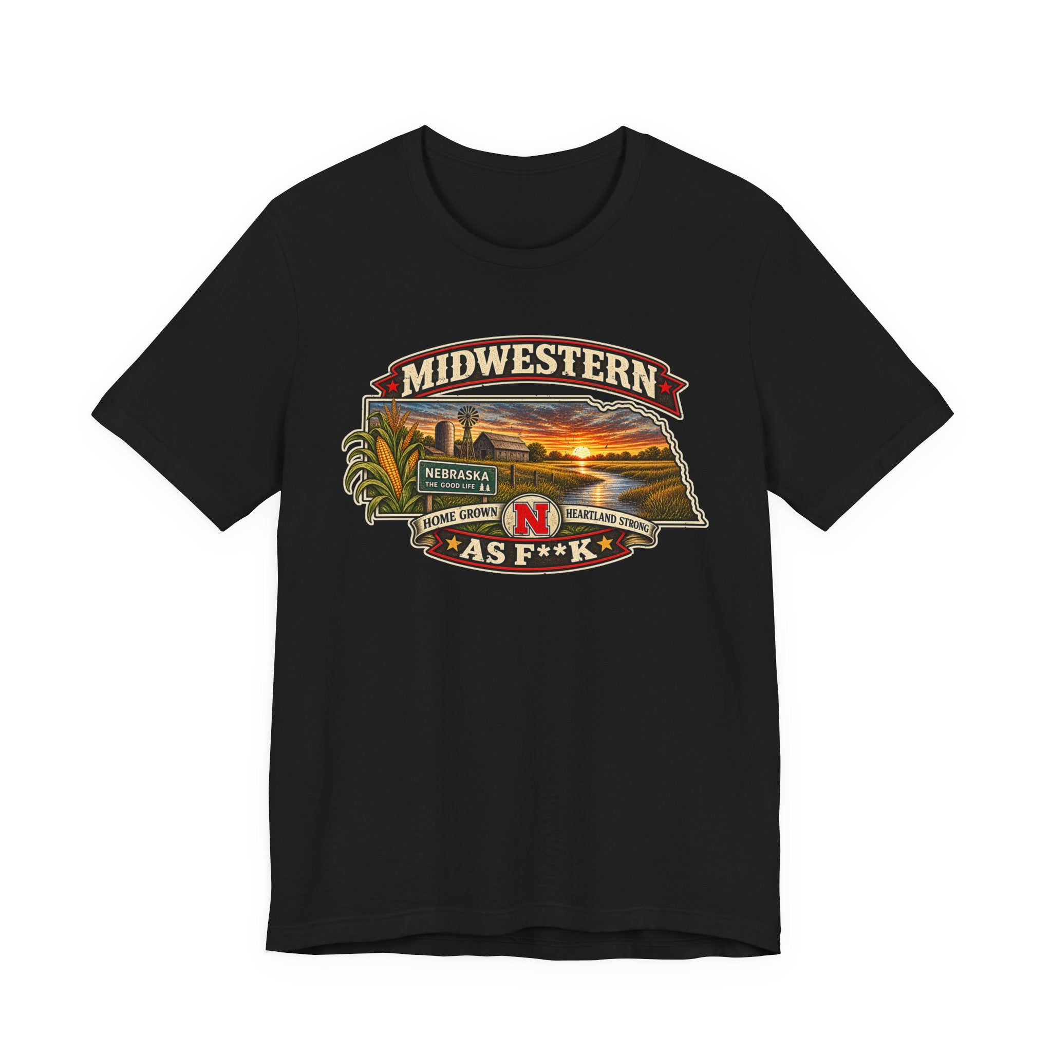 Black Nebraska As F**K T-shirt laid flat with the full-colour Midwestern sunset graphic