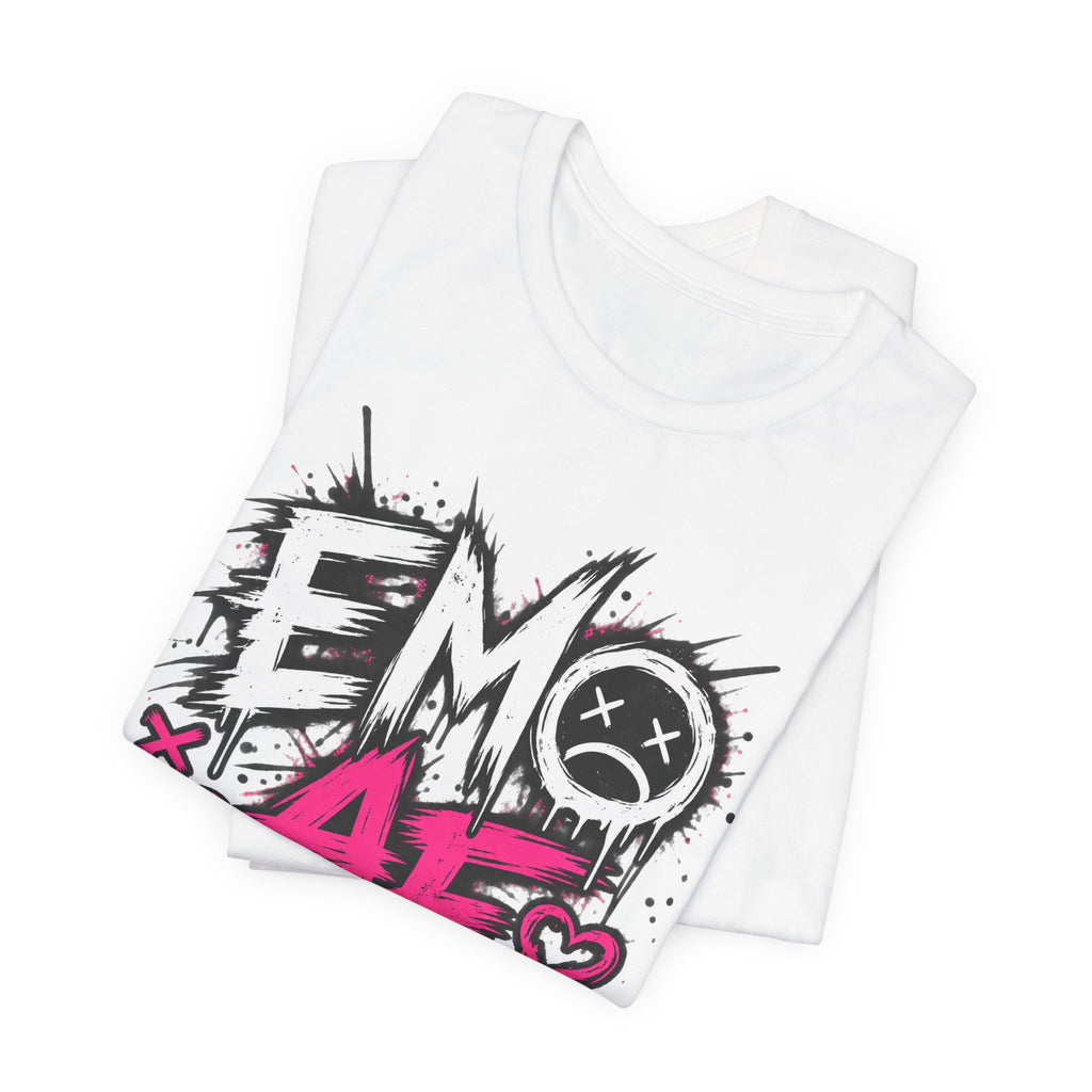 White EMO AF T-Shirt folded, the pink AF and sad-face circle visible