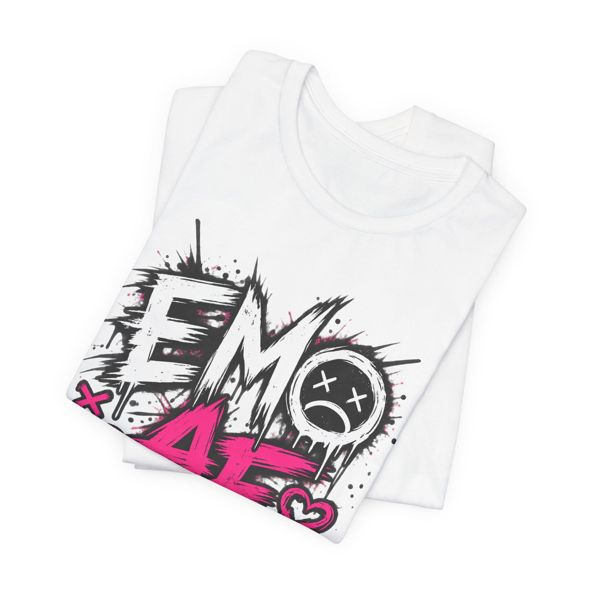 White EMO AF T-Shirt folded, the pink AF and sad-face circle visible
