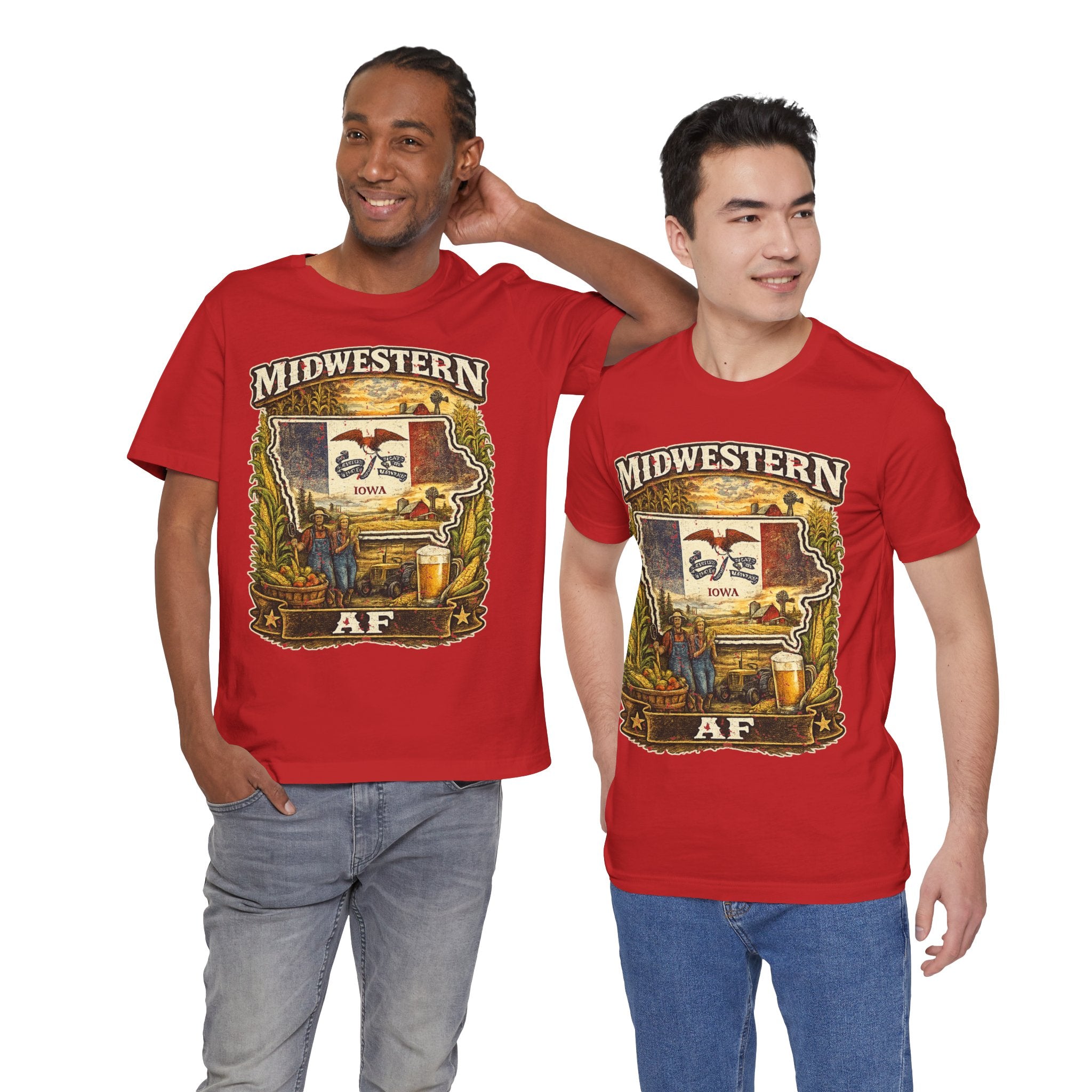 Family Friendly Midwestern AF Iowa T-Shirt – product photo 17 featuring a distressed vintage design featuring the outline of Iowa overlaid with the Iowa state flag, surrounded by towering corn stalks, rolling farmland, a classic red barn, a windmill, a tractor, and an overflowing harvest basket