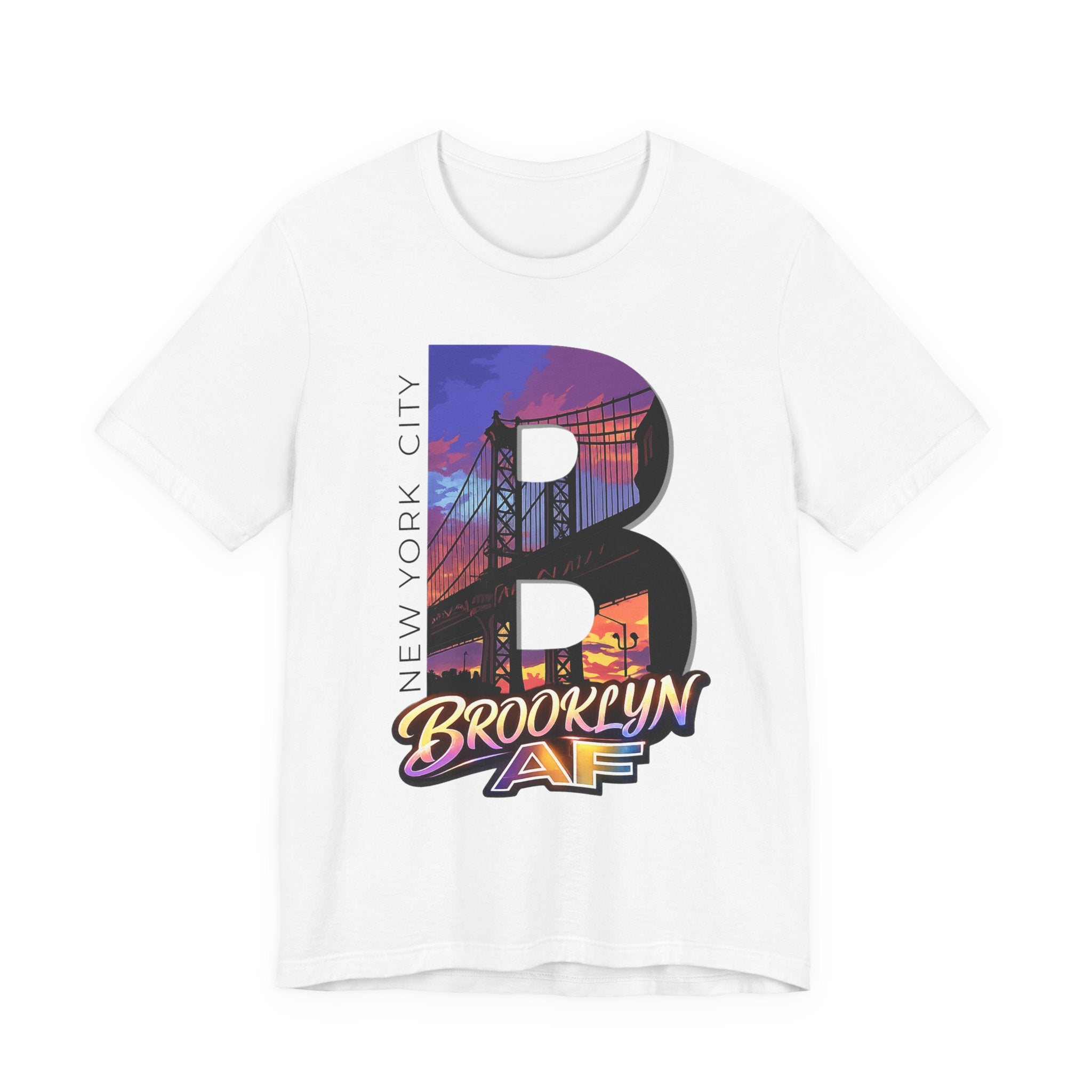 White t-shirt, flat lay, front view, with a bold oversized "B" Brooklyn Bridge sunset skyline graphic.