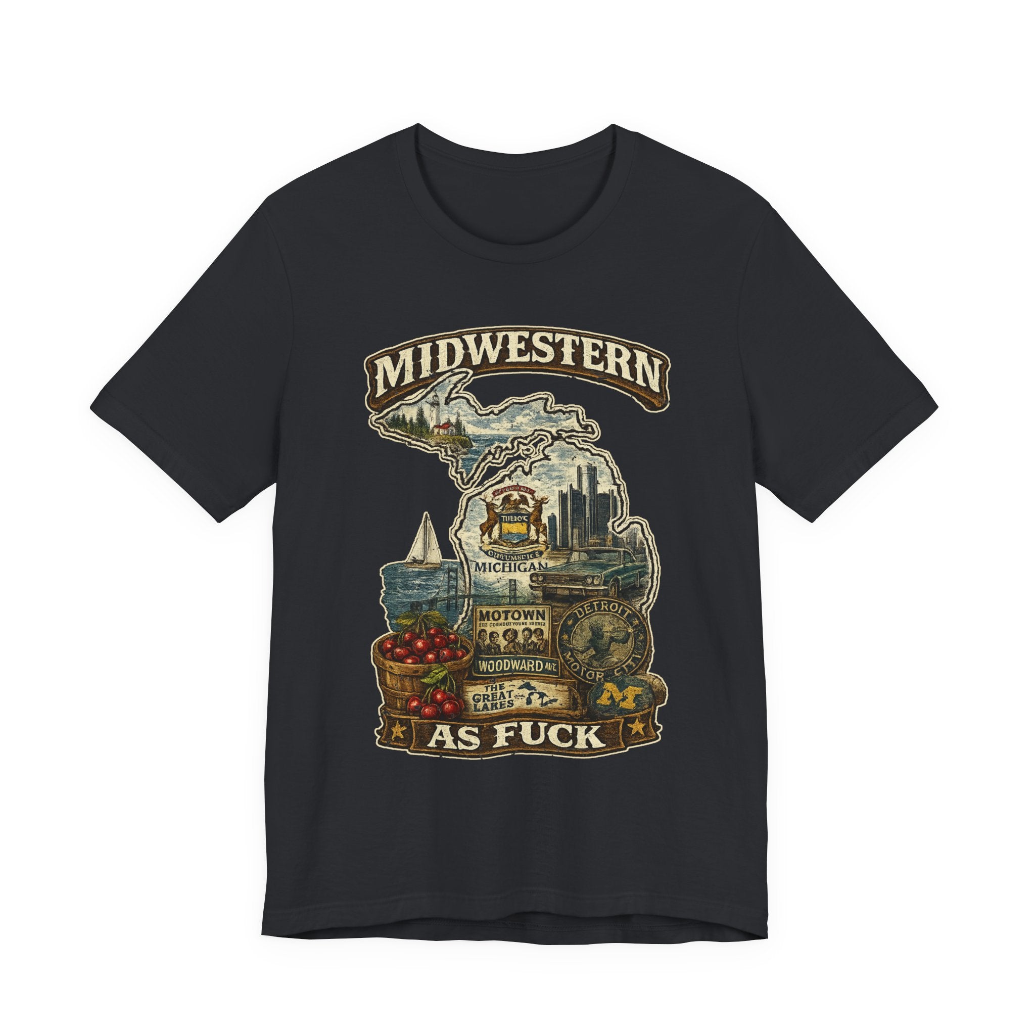 Midwestern As Fuck Michigan T-Shirt in Vintage Black – a distressed vintage design featuring Michigan's Upper and Lower Peninsulas overlaid with the state outline, surrounded by Detroit's skyline, Woodward Avenue, the Great Lakes, and Traverse City cherries