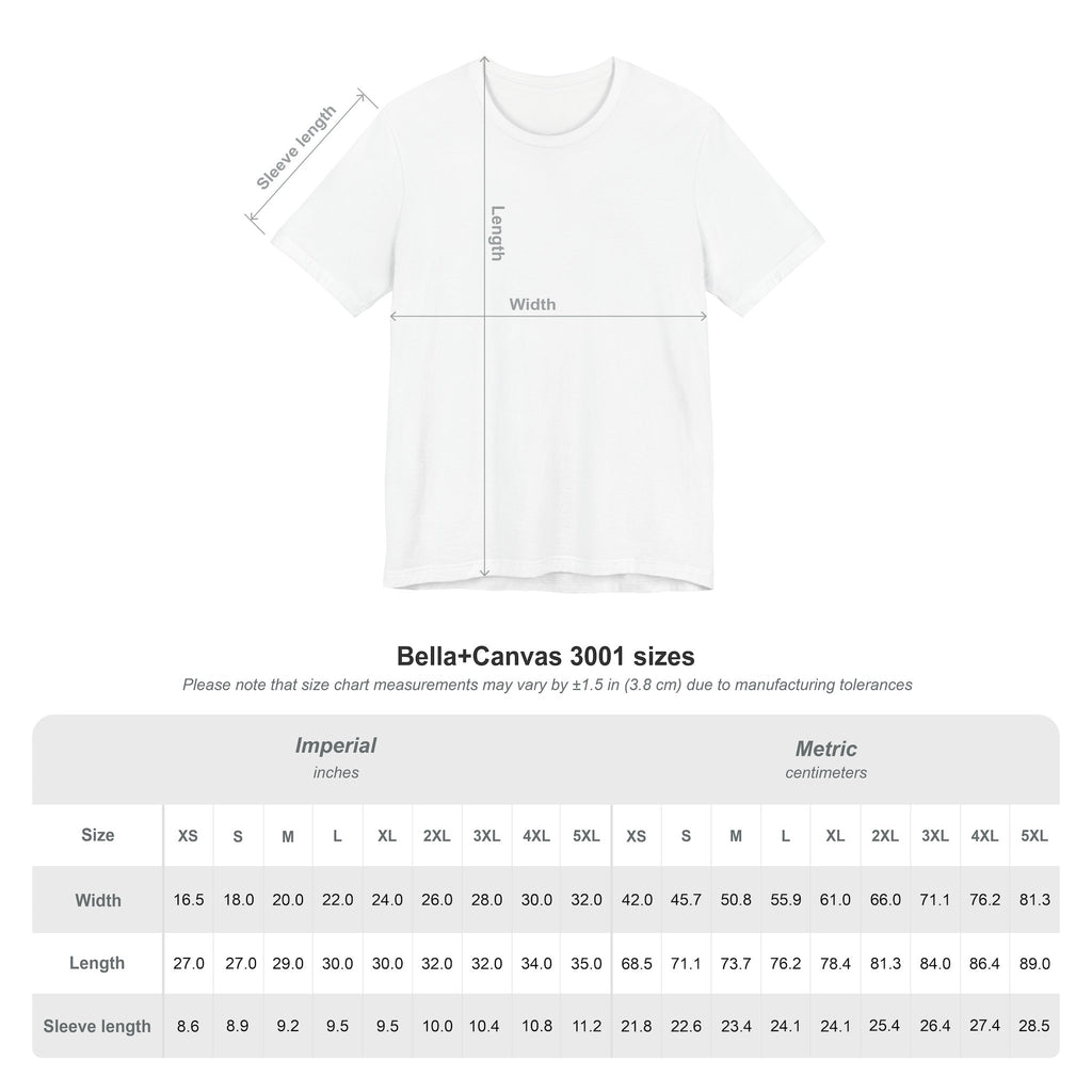 Bella + Canvas 3001 t-shirt size chart showing width, length, and sleeve length measurements for sizes XS to 5XL.