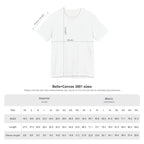 Bella + Canvas 3001 t-shirt size chart showing width, length, and sleeve length measurements for sizes XS to 5XL.