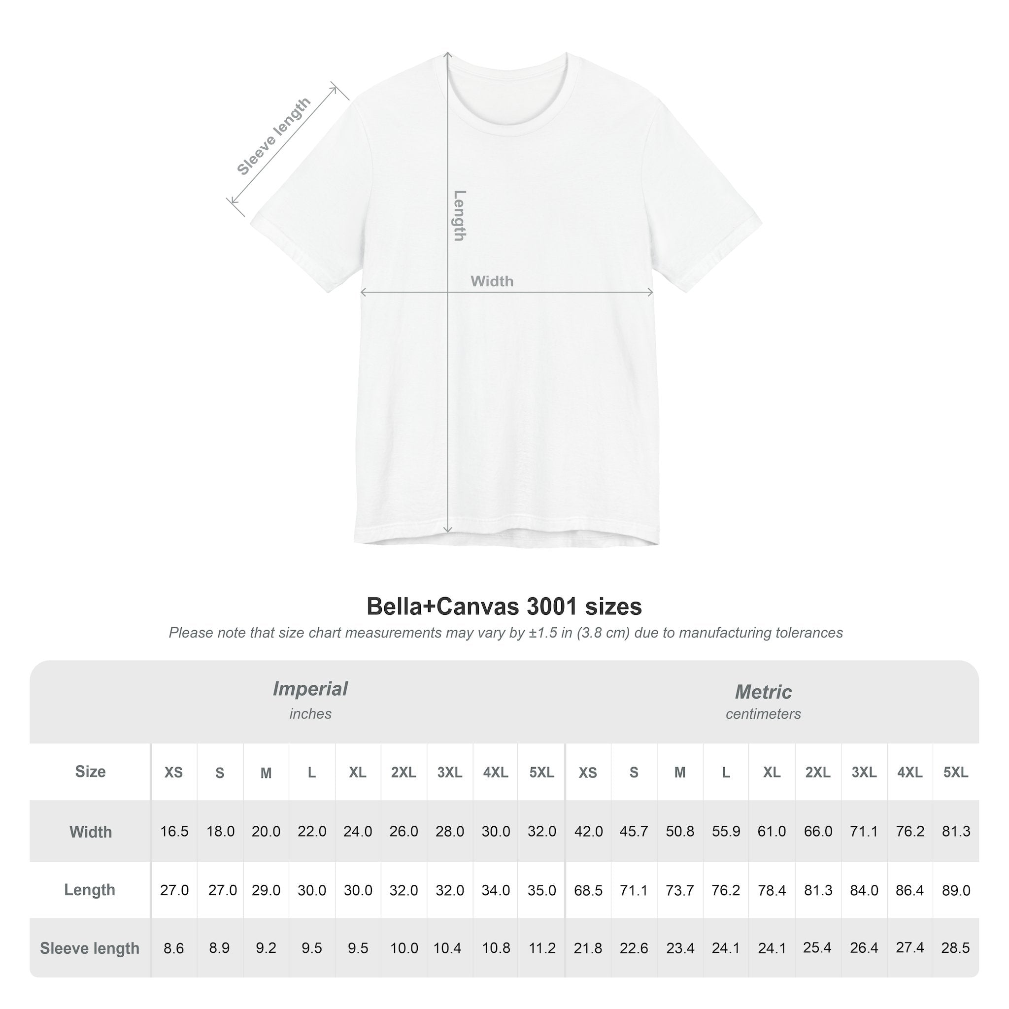 Bella + Canvas 3001 t-shirt size chart showing width, length, and sleeve length measurements for sizes XS to 5XL.