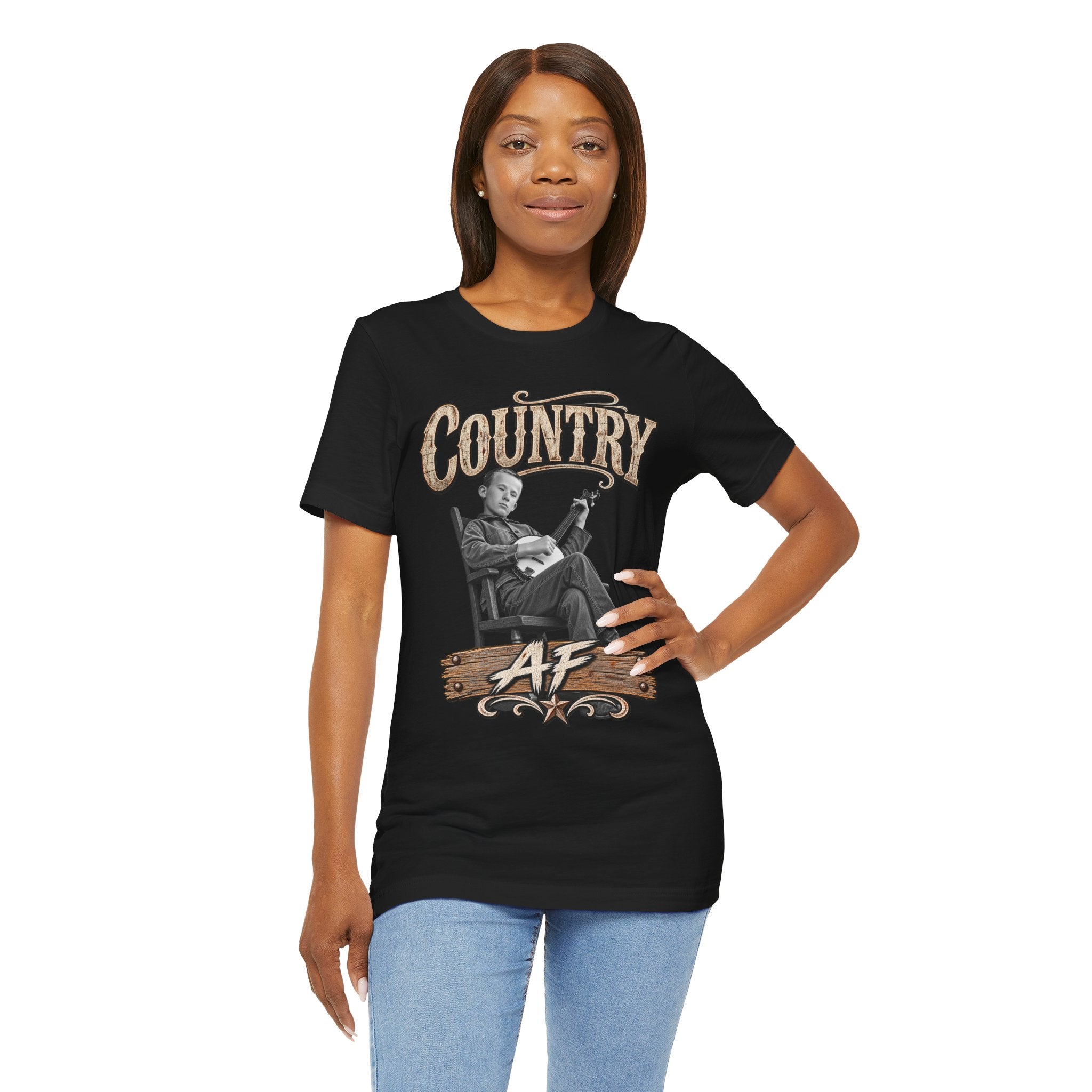 Woman in the Black Country AF tee with her hand on her hip