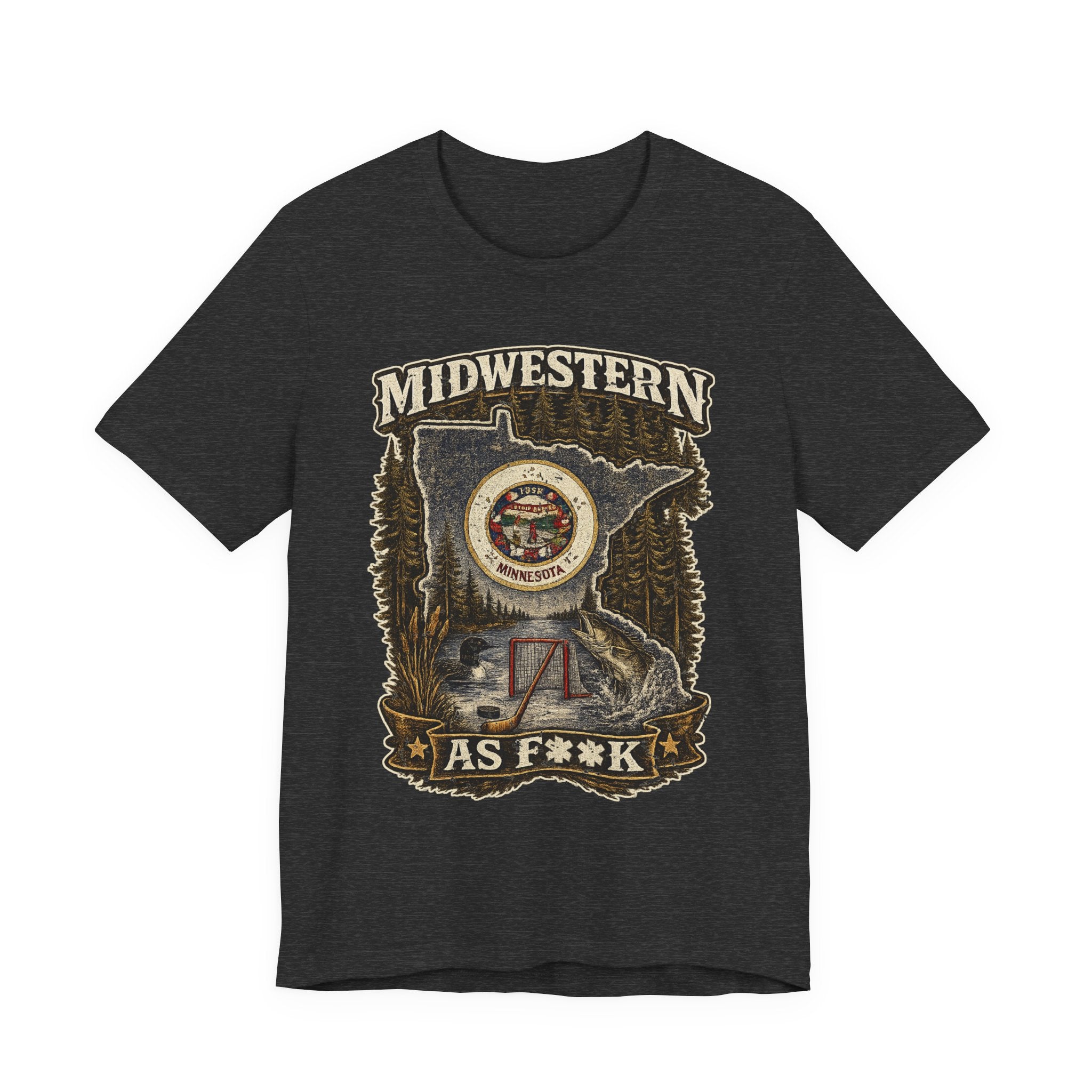 Slightly Salty Midwestern As F**K Minnesota T-Shirt in Dark Grey Heather – distressed Minnesota state flag design with pine trees, loon and walleye