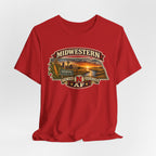 Red Nebraska T-shirt draped flat showing the Midwestern AF badge and The Good Life sign