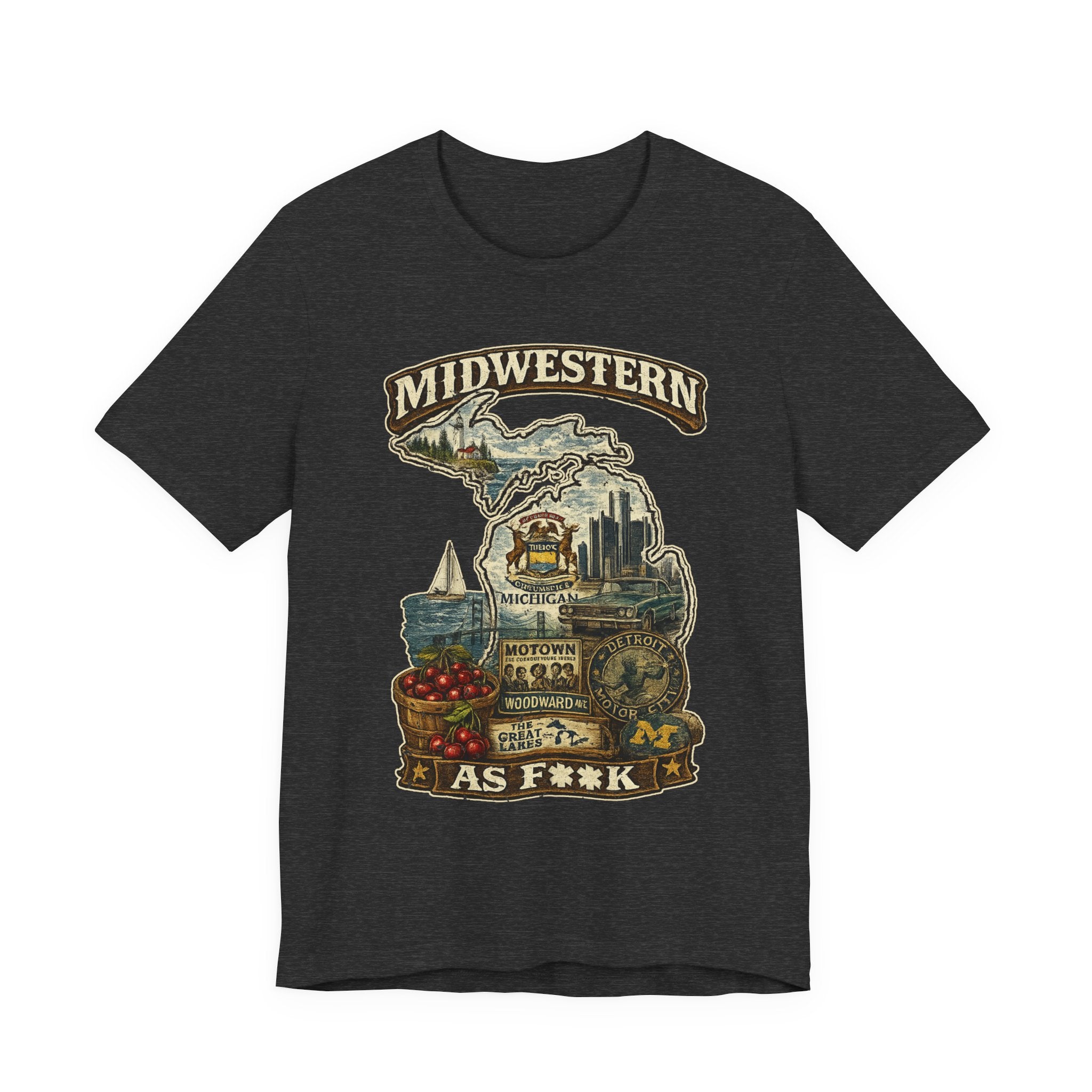 Slightly Salty Midwestern As F**K Michigan T-Shirt in Dark Grey Heather – a distressed vintage design featuring Michigan's Upper and Lower Peninsulas overlaid with the state outline, surrounded by Detroit's skyline, Woodward Avenue, the Great Lakes, and Traverse City cherries